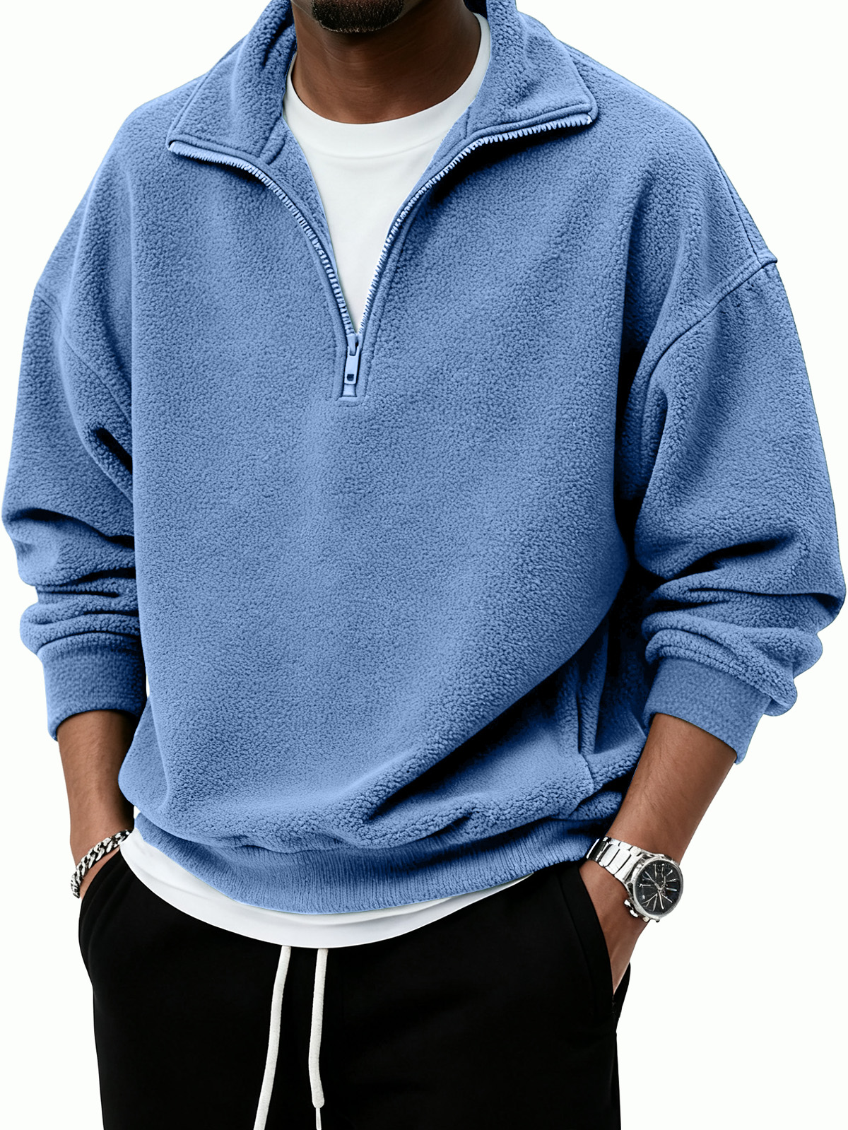 Men's Warm Stylish Casual Half-Zip Stand Collar  Borg Fleece Sweatshirt