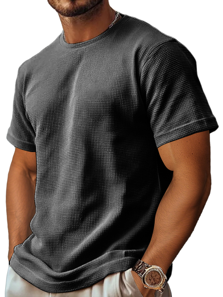 Men's Retro And Stylish Waffle Fabric With A Comfortable, Basic Straight-shoulder Slim-fitting T-shirt