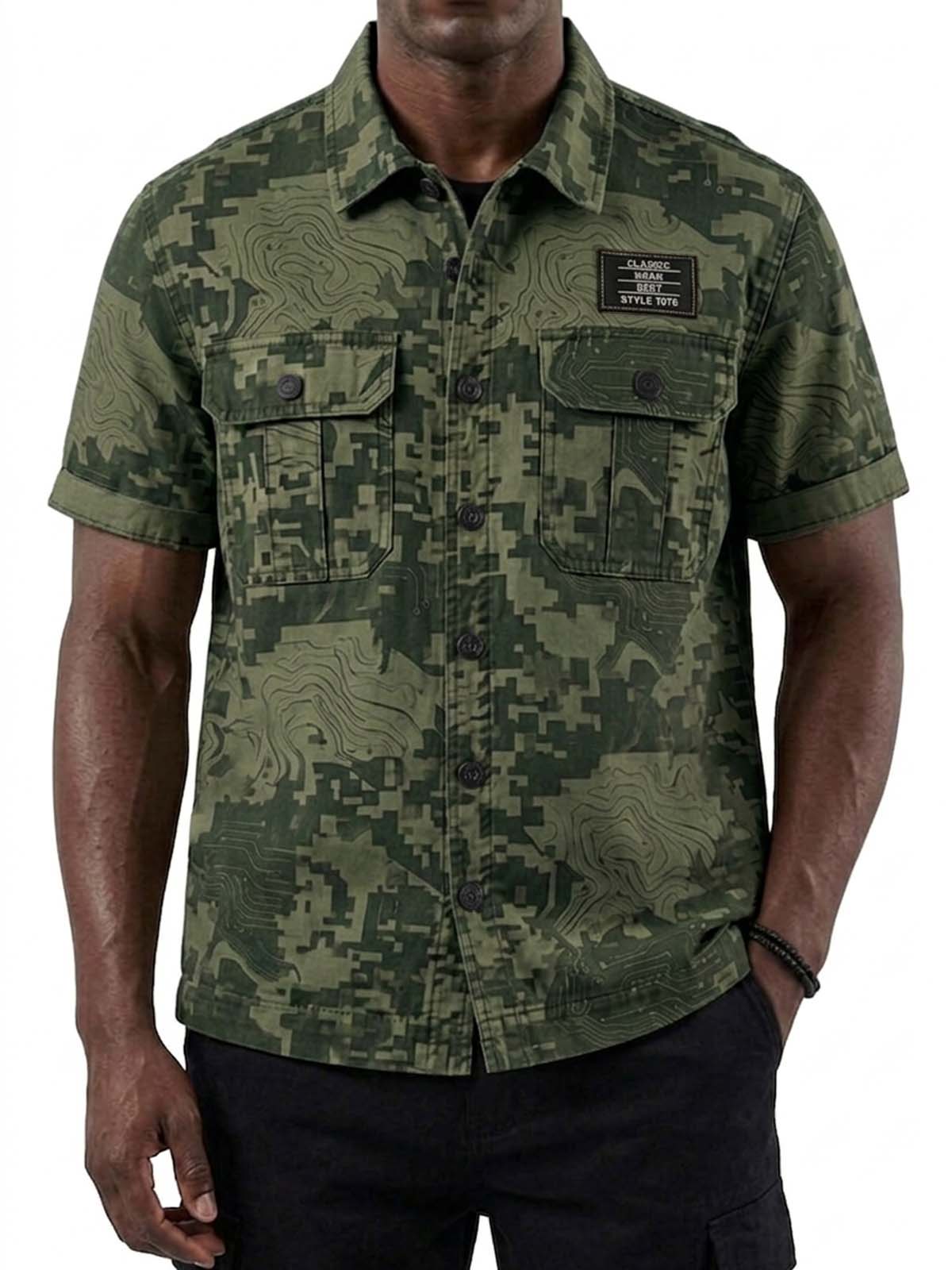 Digital Camouflage Double-Pocket Basic Cargo Shirt