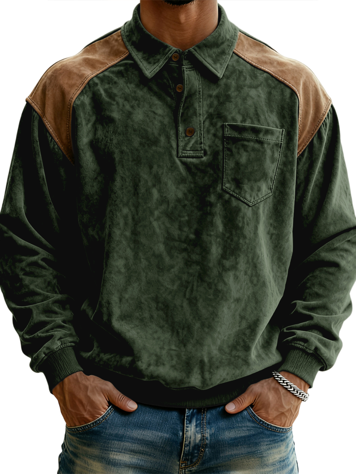 Men's Vintage Polo Sweatshirt with Contrast Suede Shoulders