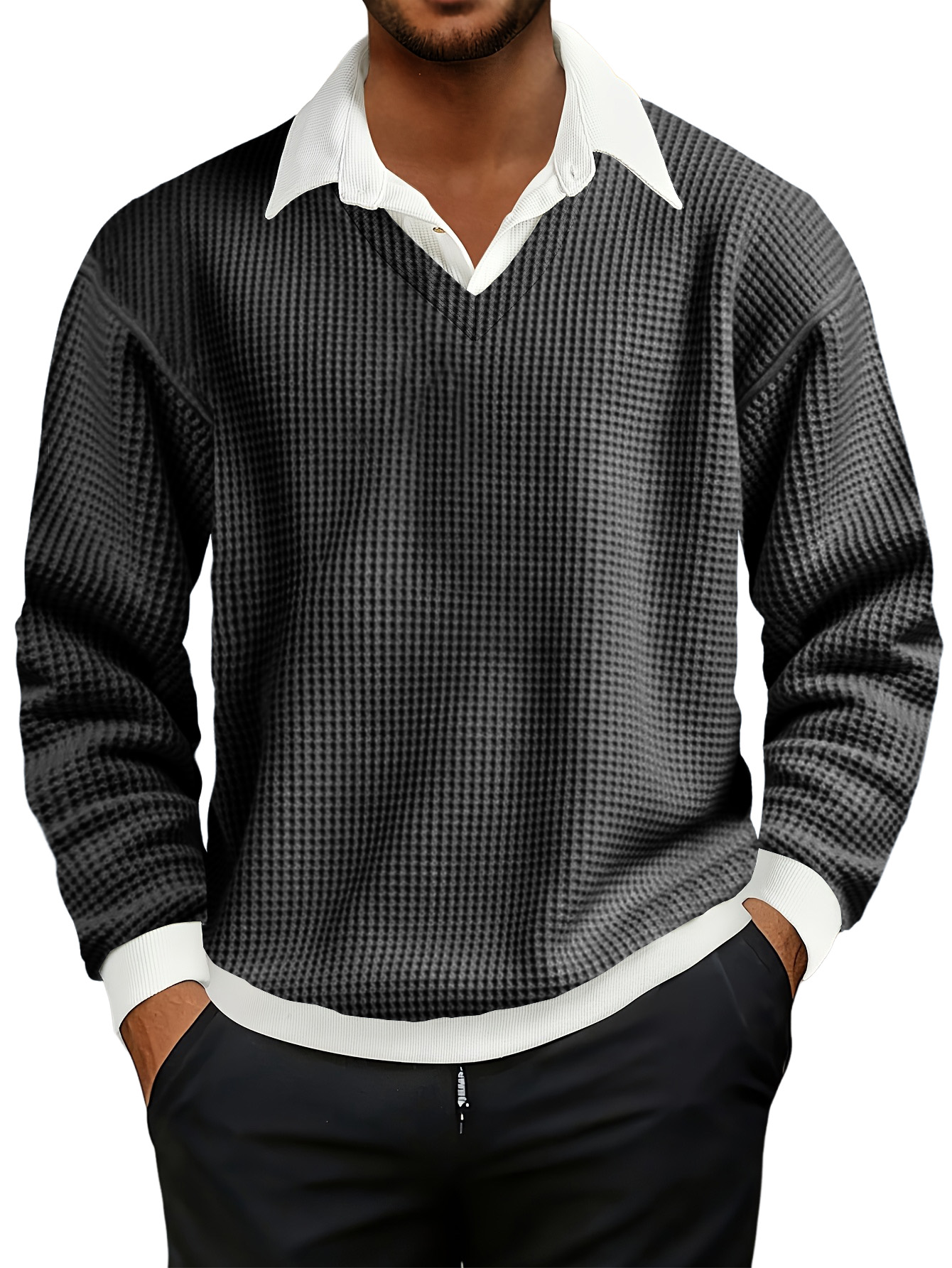 Men's Fashionable Casual Waffle Faux Two-piece Polo Sweatshirt