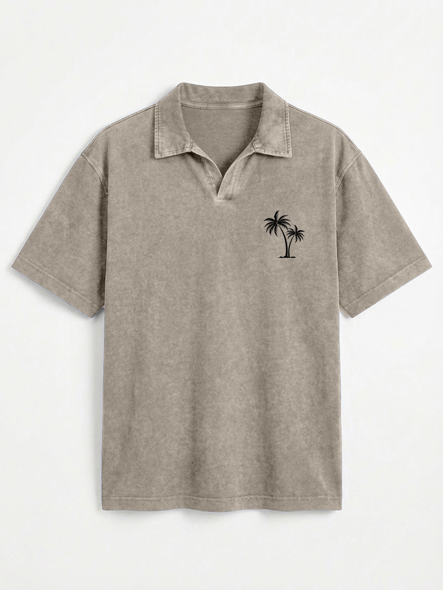 Men's Vintage Distressed Palm Tree Print Seagull Collar Short-Sleeve Polo Shirt