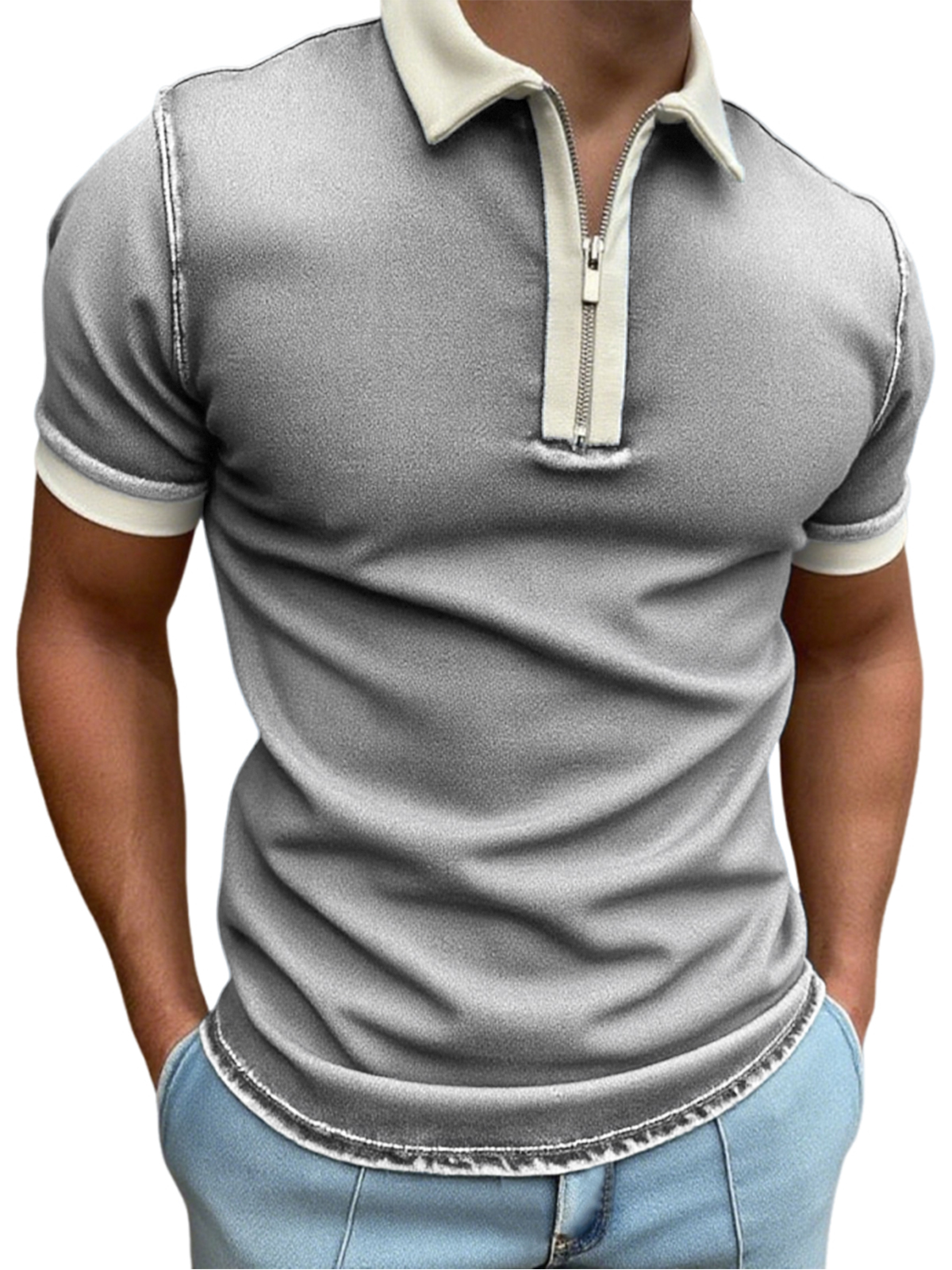 Men's Stylish Distressed Quarter Zip Short Sleeve Lapel Polo Shirt