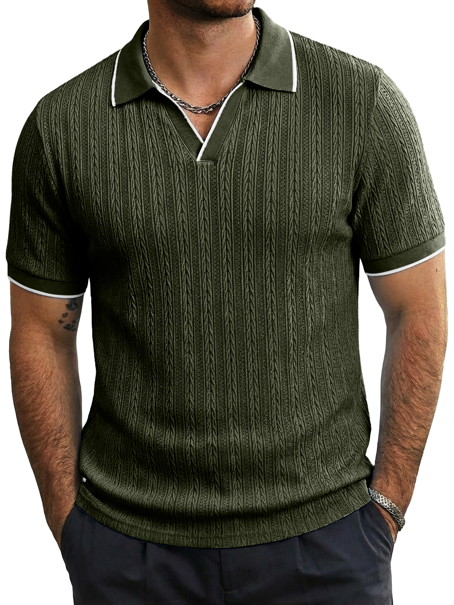Men's Fashion Casual Jacquard-Knit Short-Sleeve Top with Seagull Collar