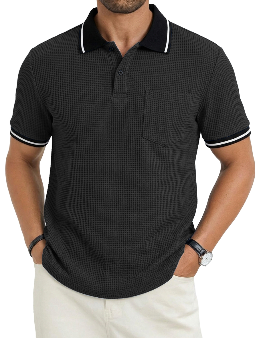 Men's Fashionable Casual Commuter Color-blocked Waffle Fabric Polo Shirt