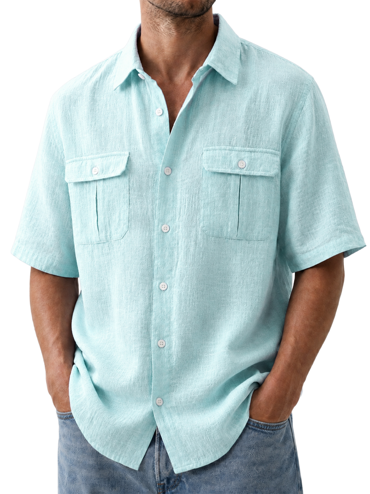 Men's Double Pocket Cotton Linen Casual Short Sleeve Shirt