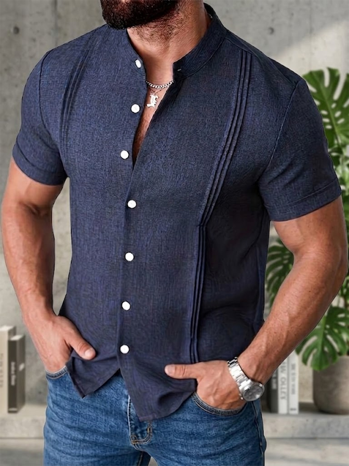 Men's Cotton and Linen Deconstructed Stand-up Collar Shirt