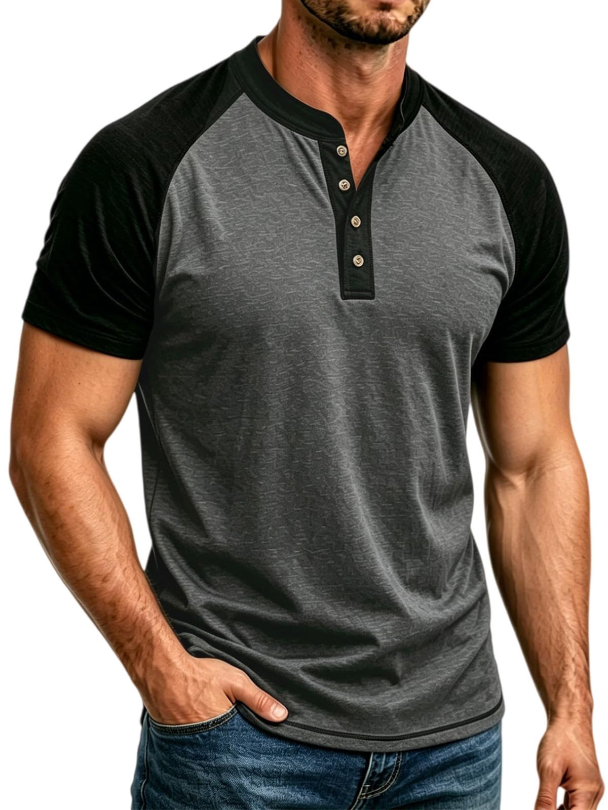 Men's Fashionable Casual Versatile Color-blocked Raglan Sleeve Henley Shirt