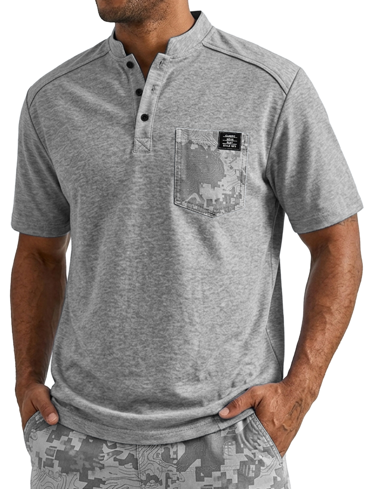 Camouflage-Print Pocket Casual Versatile Henley Shirt