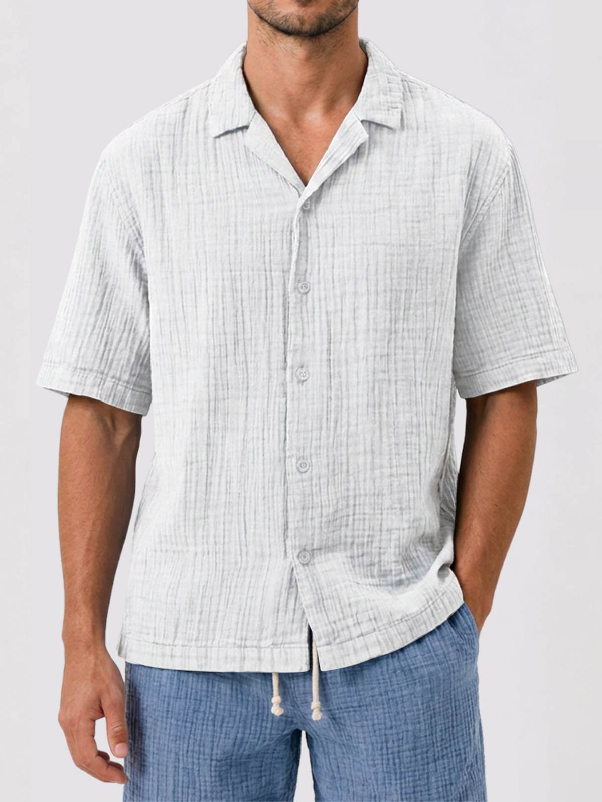 Men's Casual Loose Comfortable Textured Cuban Collar Short Sleeve Shirt