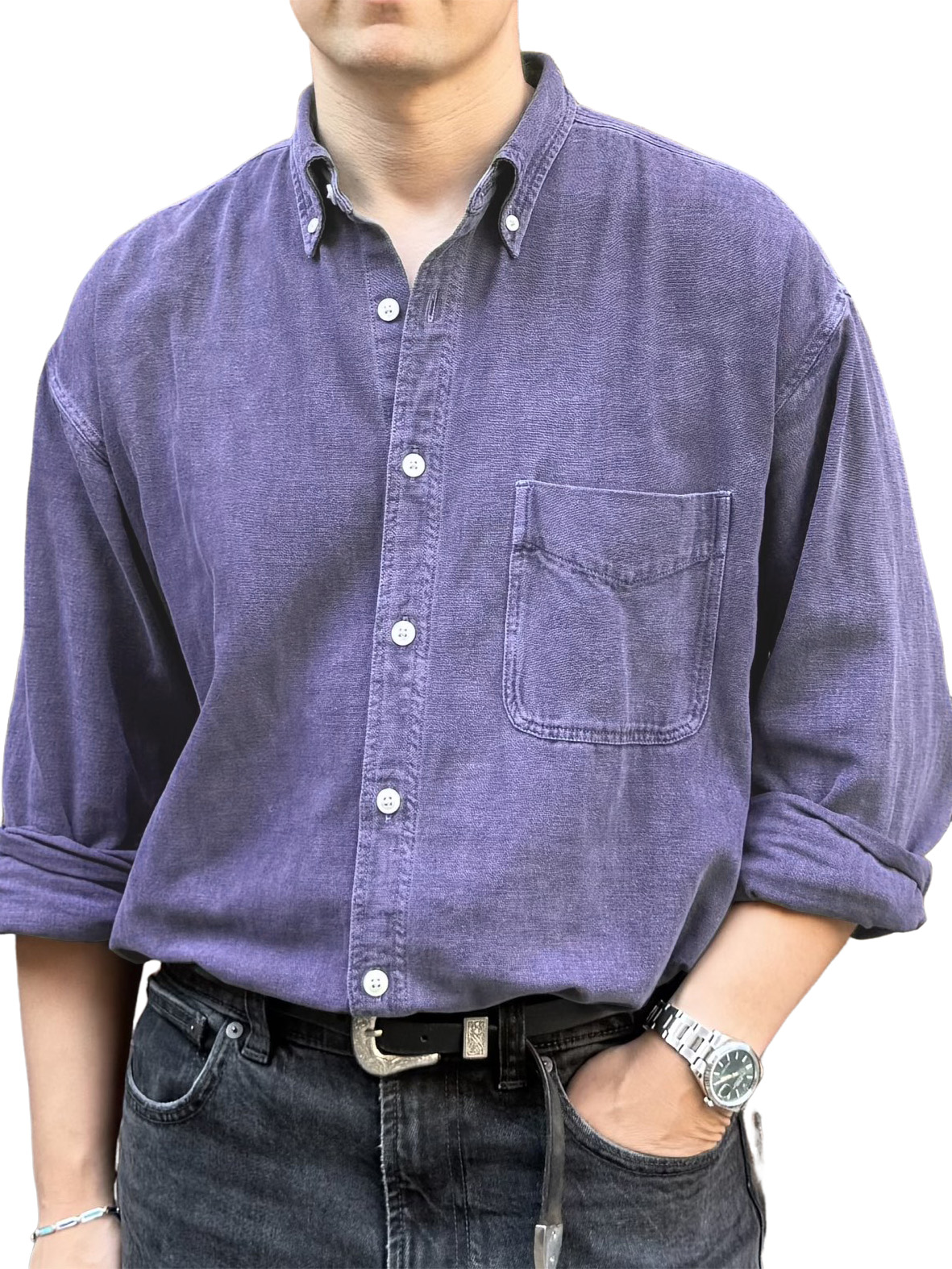 Men's Retro Fashion Distressed Pocket Long-Sleeve Shirt
