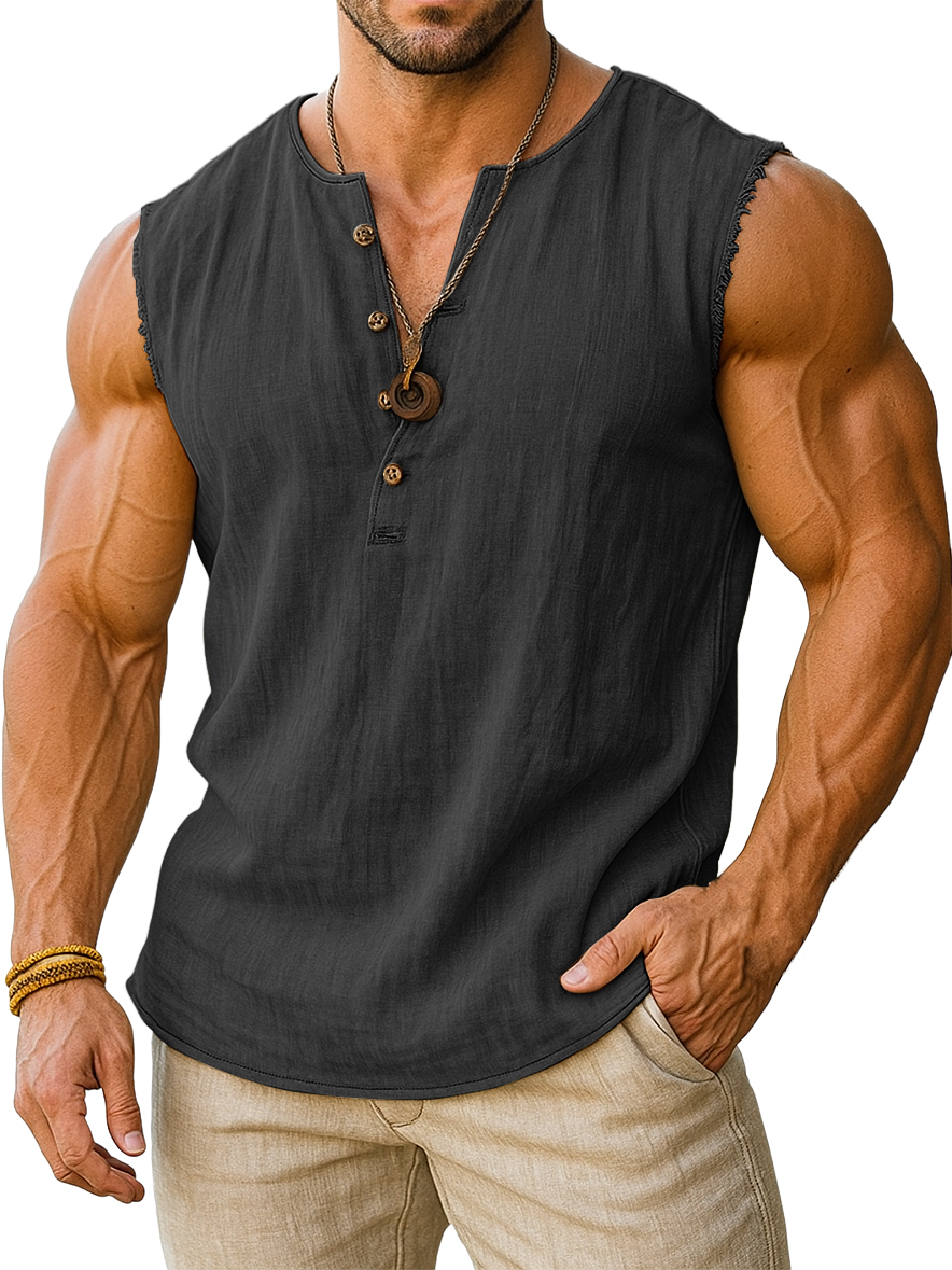 Men's Retro Cotton And Linen Sleeveless Henley Button-down T-shirt