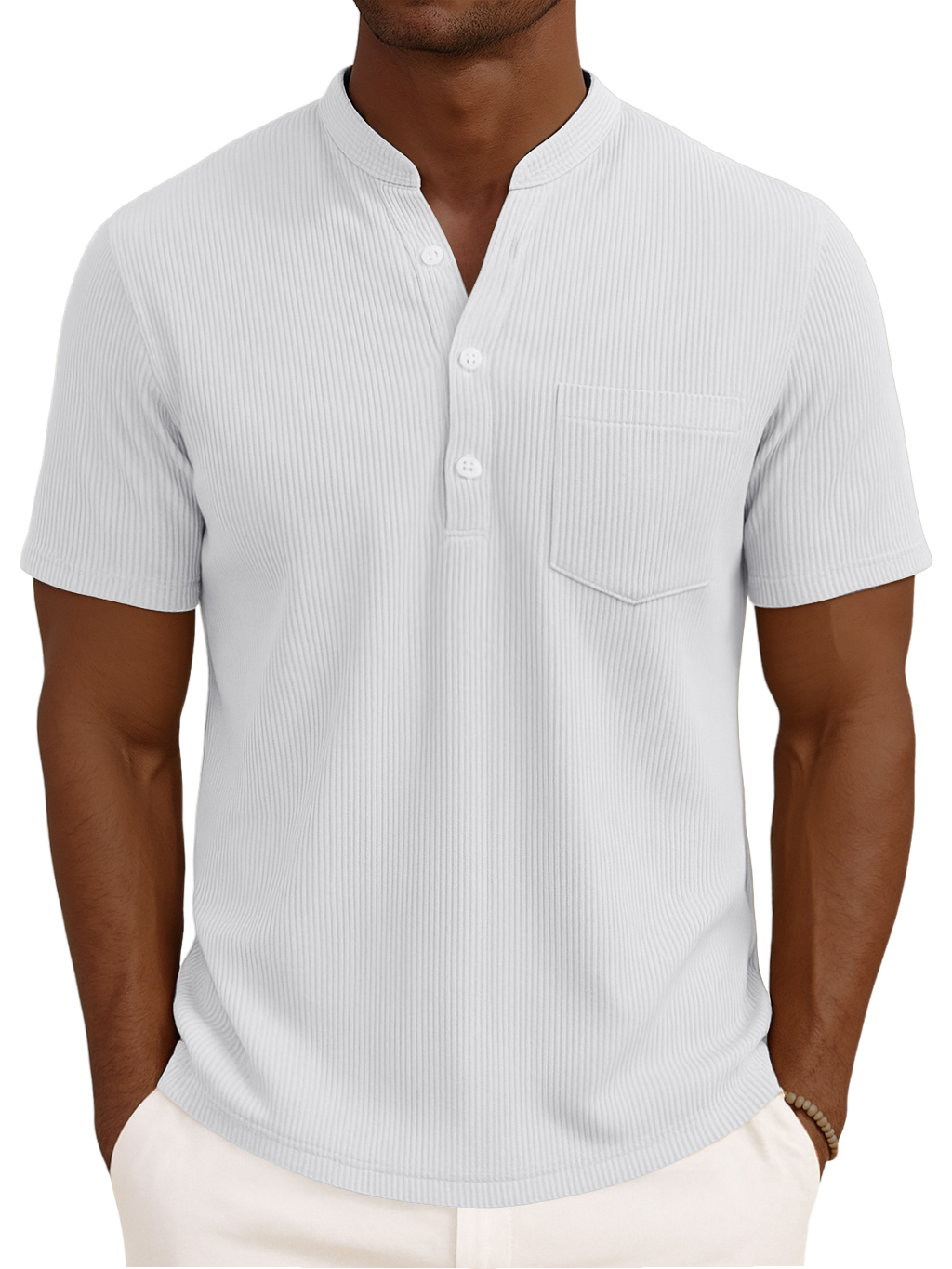 Men's Henley Collar Solid Color Loose And Comfortable Vertical Striped Pocket Short-sleeved Top