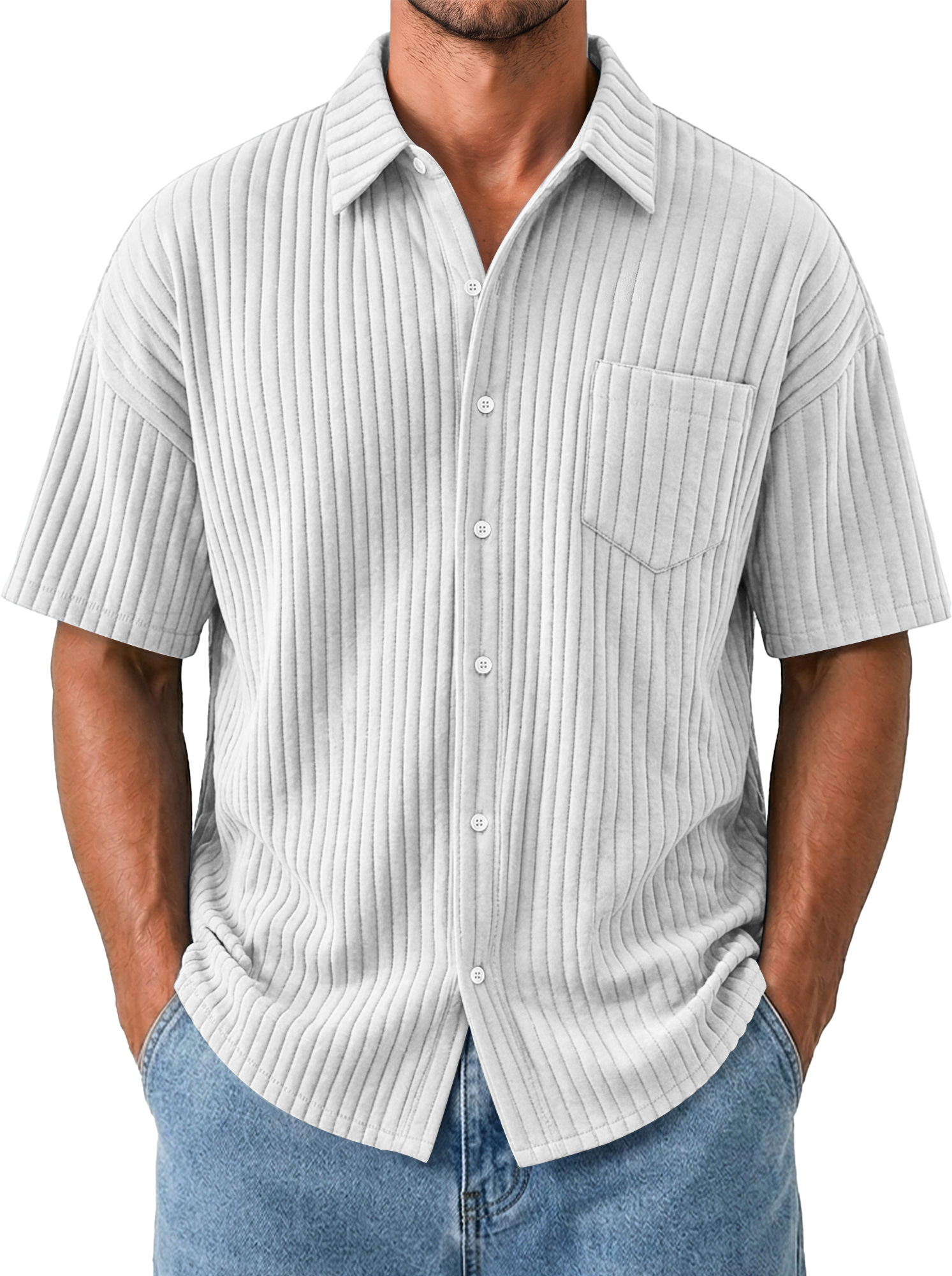 Men's Casual Solid-Color Short-Sleeve Shirt with Wide Ribbing