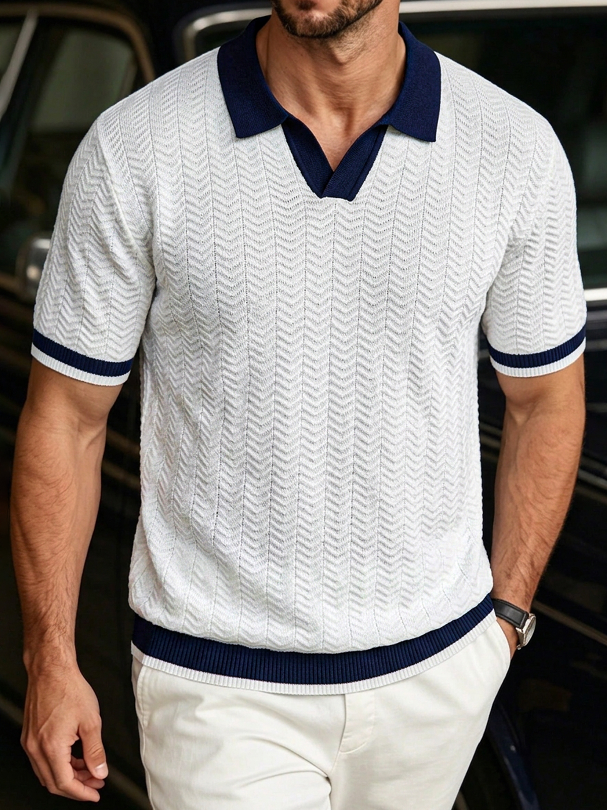 Men's Textured Knit Color-Block Seagull-Collar Top