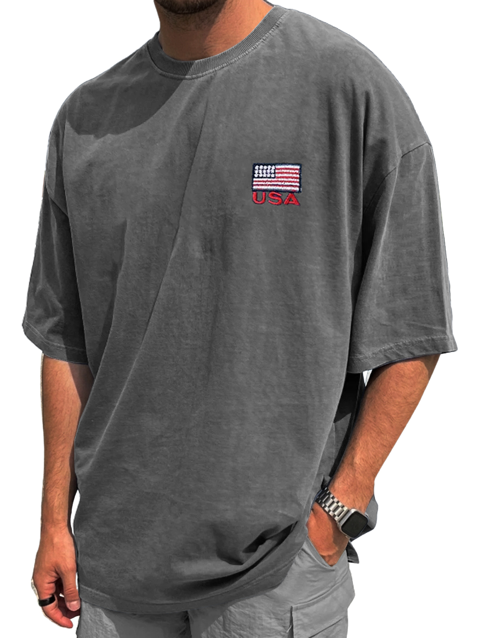 Men's Vintage Washed & Distressed Crew-Neck T-Shirt with "USA" Print