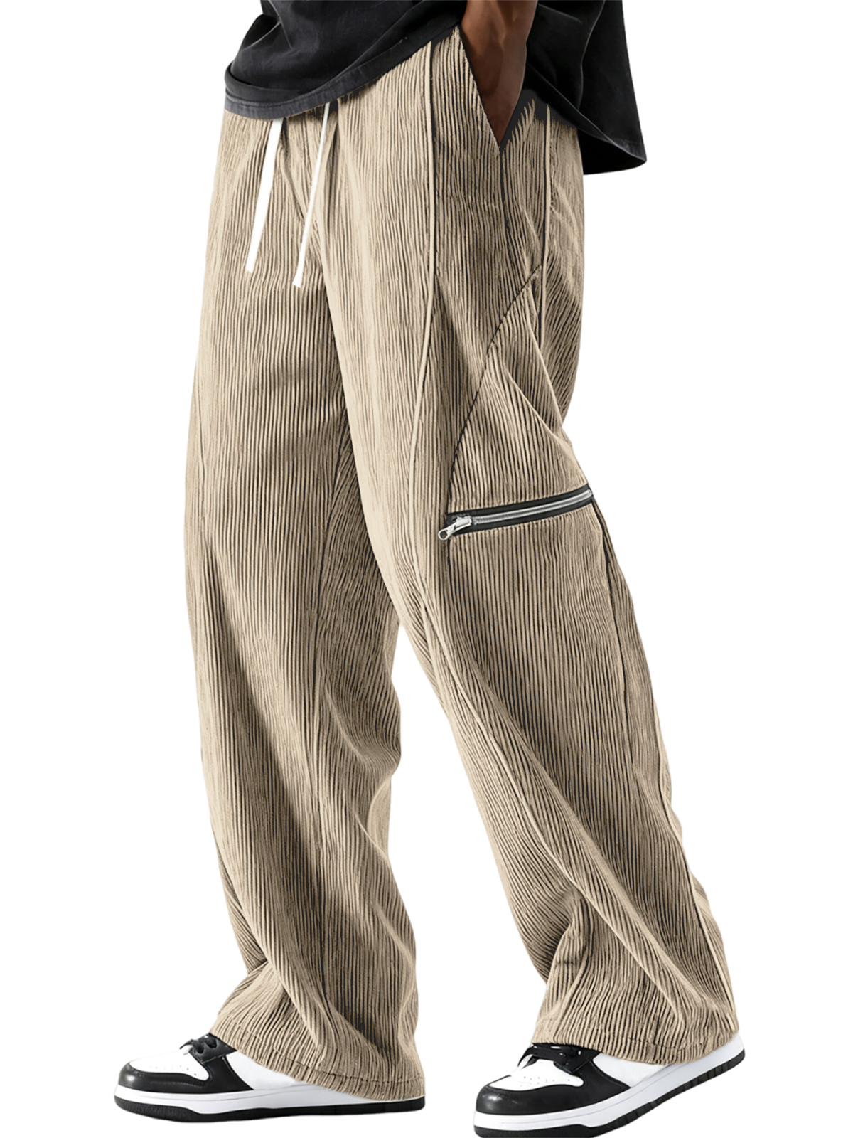 Men's Stylish Loose Corduroy Ribbed Pants with Zipper Pocket Everyday Trousers