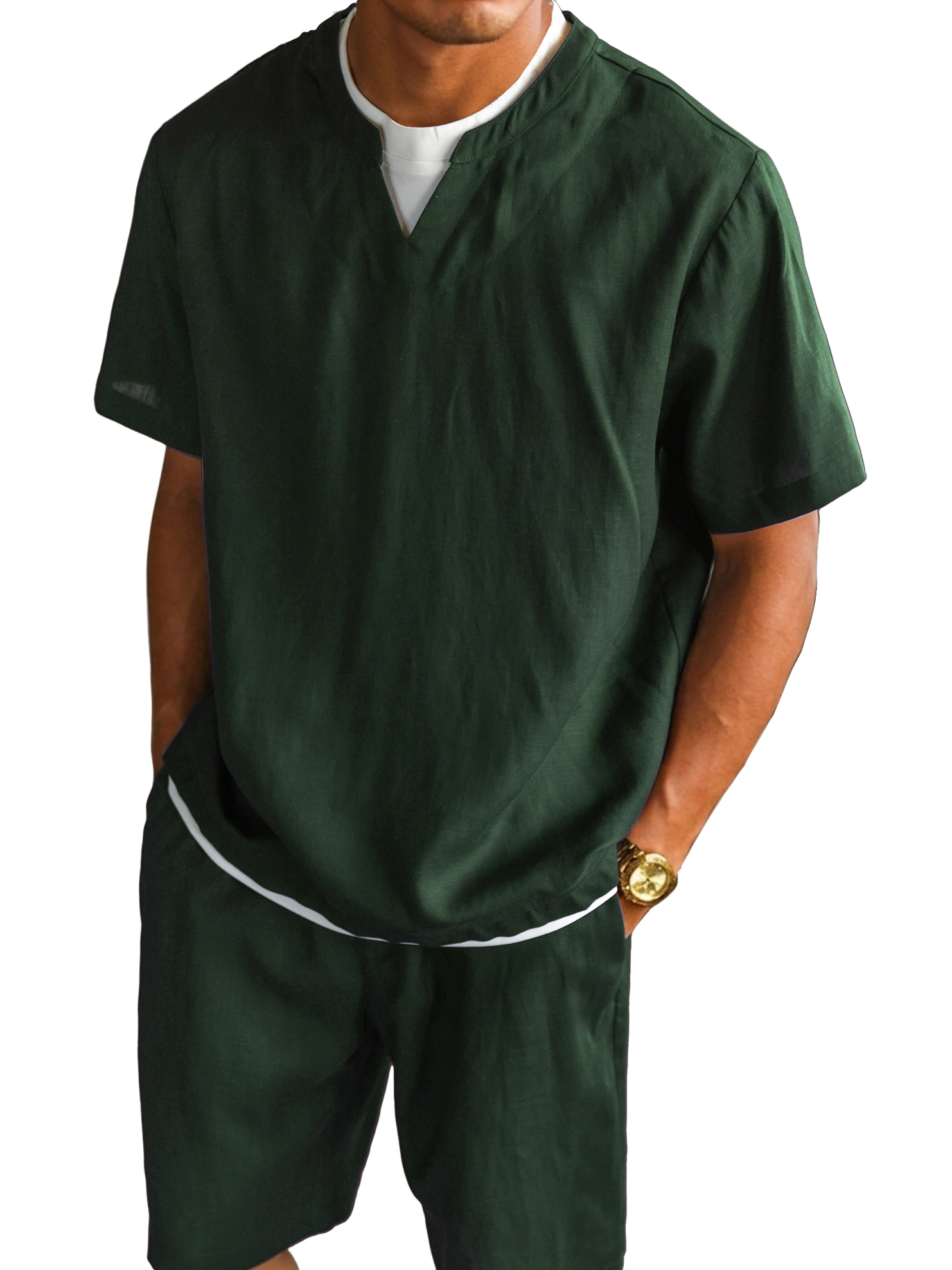 Men's V-neck Color-blocked Faux Two-piece Short-sleeved T-shirt and Shorts Set