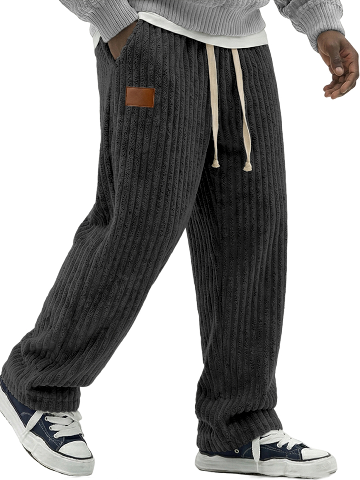 Men's Simple Soft Corduroy Pants with Leather Embroidery Patchwork