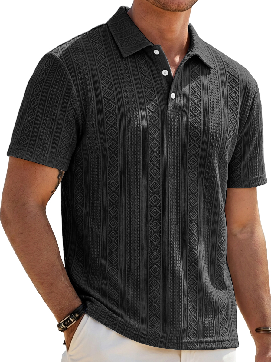 Men's Solid-Color Striped Jacquard Casual Short-Sleeve Polo Shirt