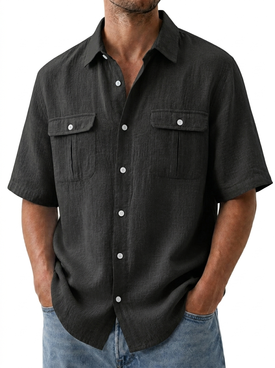 Men's Double Pocket Cotton Linen Casual Short Sleeve Shirt