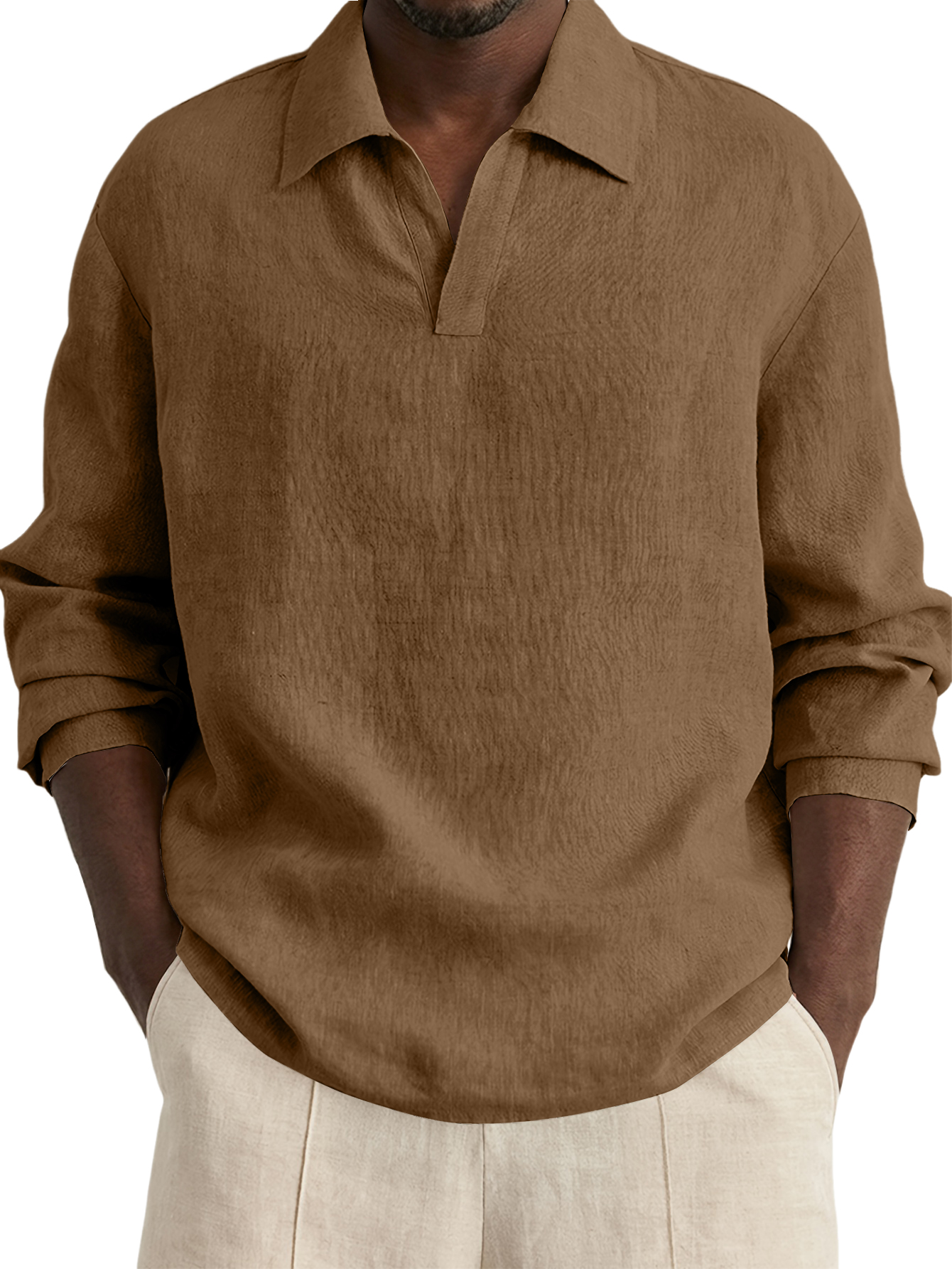 Men's Casual Simple Cotton Linen V-Neck Long-Sleeve Shirt