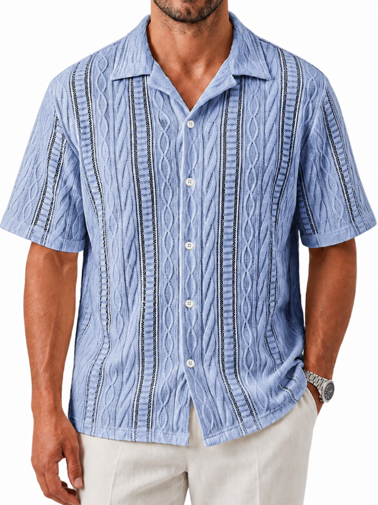 Men's Textured Casual Solid-Color Comfortable Short-Sleeve Shirt