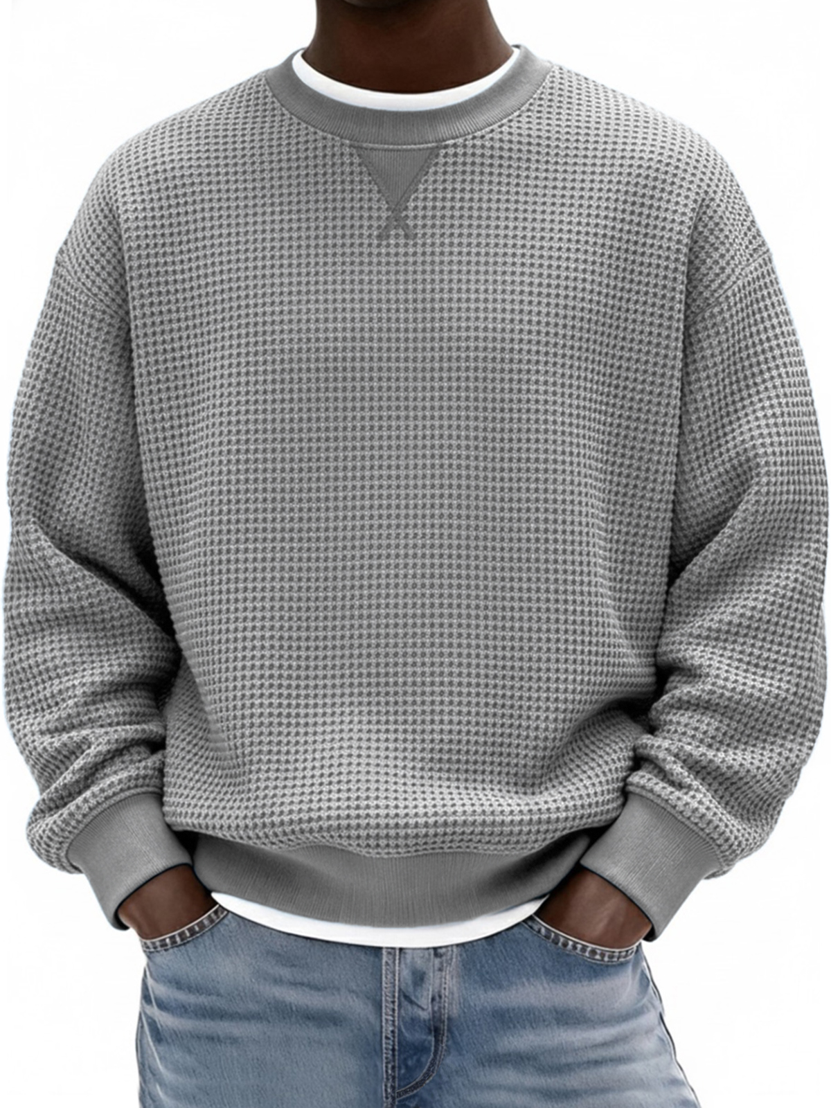Men's Waffle Texture X-stitch Crew Neck Pullover Sweatshirt