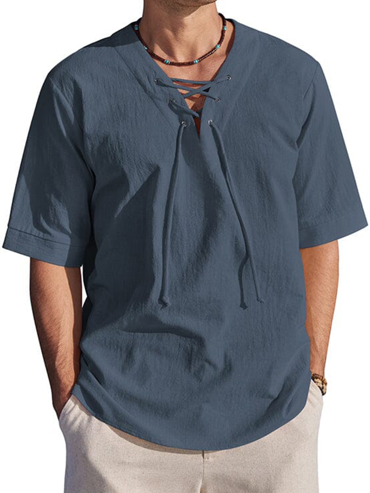 Men's Holiday Tie-Drape Hollow Neck Linen Casual Short Sleeve T-Shirt