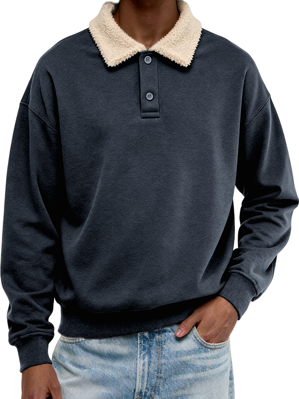 Men's Casual Sherpa Patchwork Collar Christmas Button-down Polo Shirt