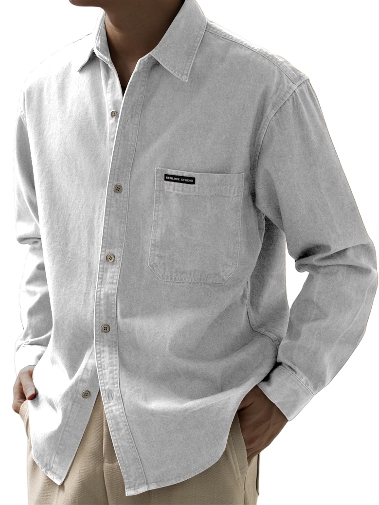 Men's Basic Vintage Washed Pocket Logo Long Sleeve Shirt