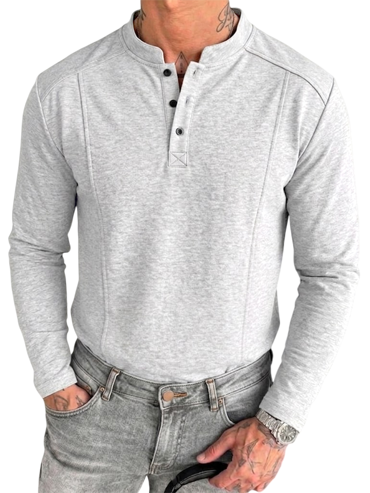 Men's Retro Textured Deconstructed Long-Sleeve Pullover Henley Shirt