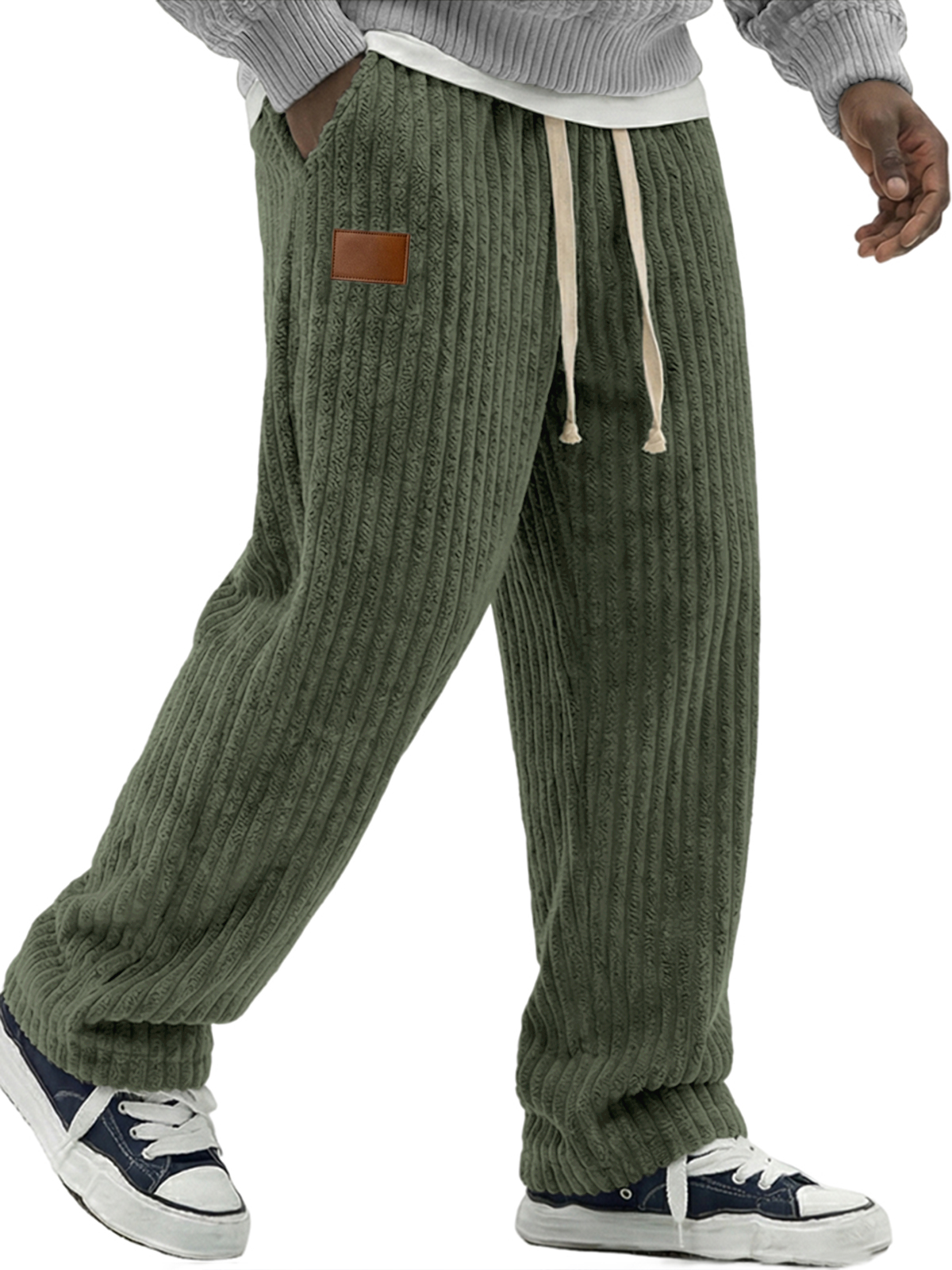 Men's Simple Soft Corduroy Pants with Leather Embroidery Patchwork