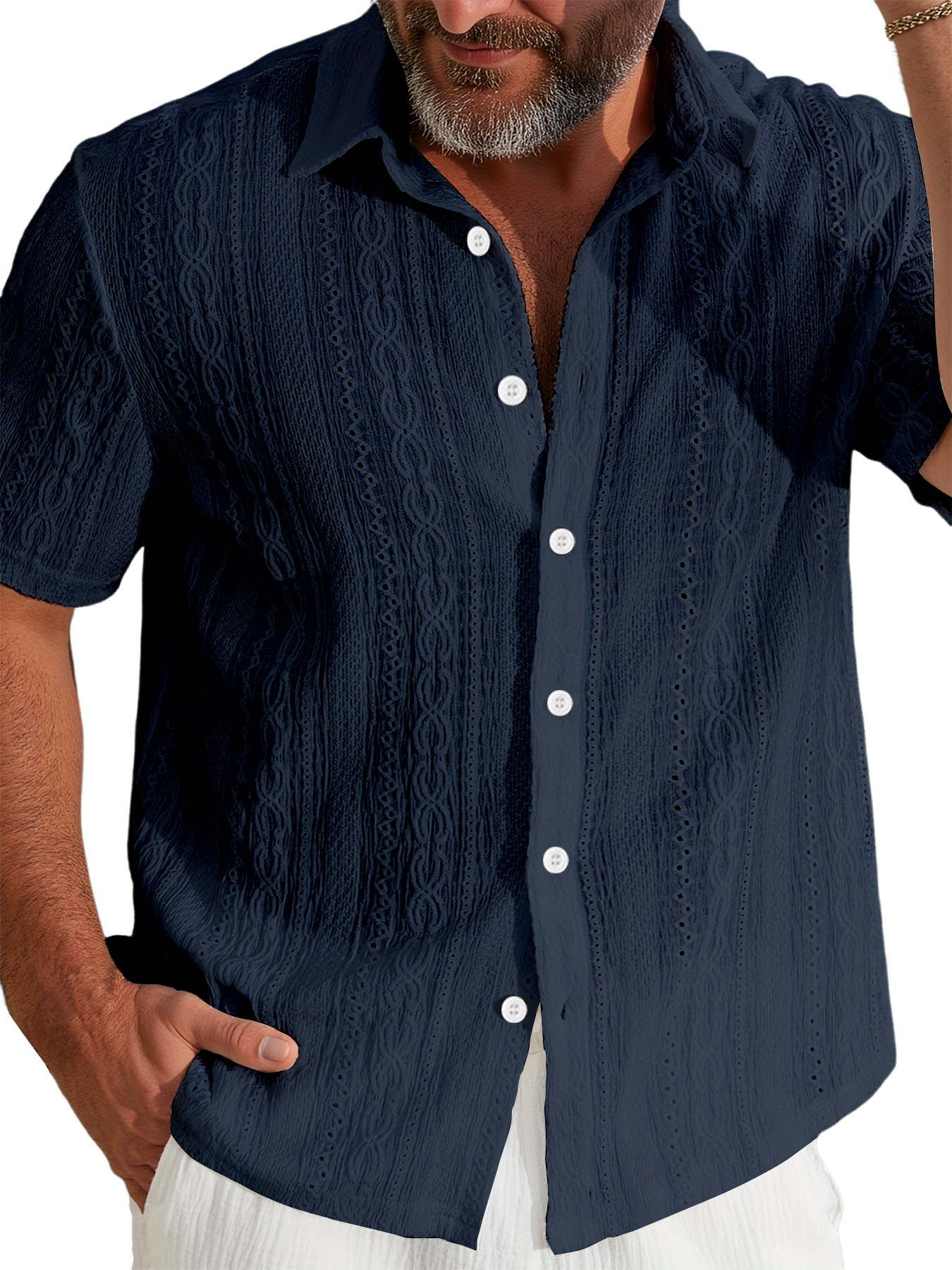Men's Jacquard Lapel Casual Blue Short-sleeved Shirt