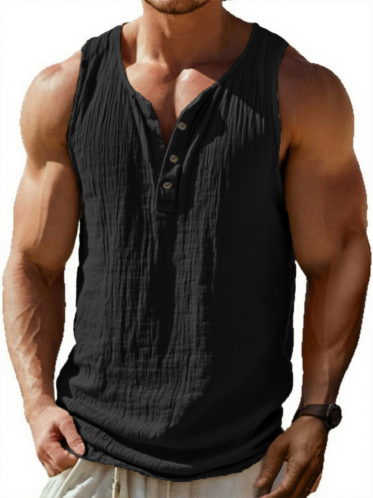 Men's Vintage Sleeveless Pleated Textured Three Button Henley T-Shirt