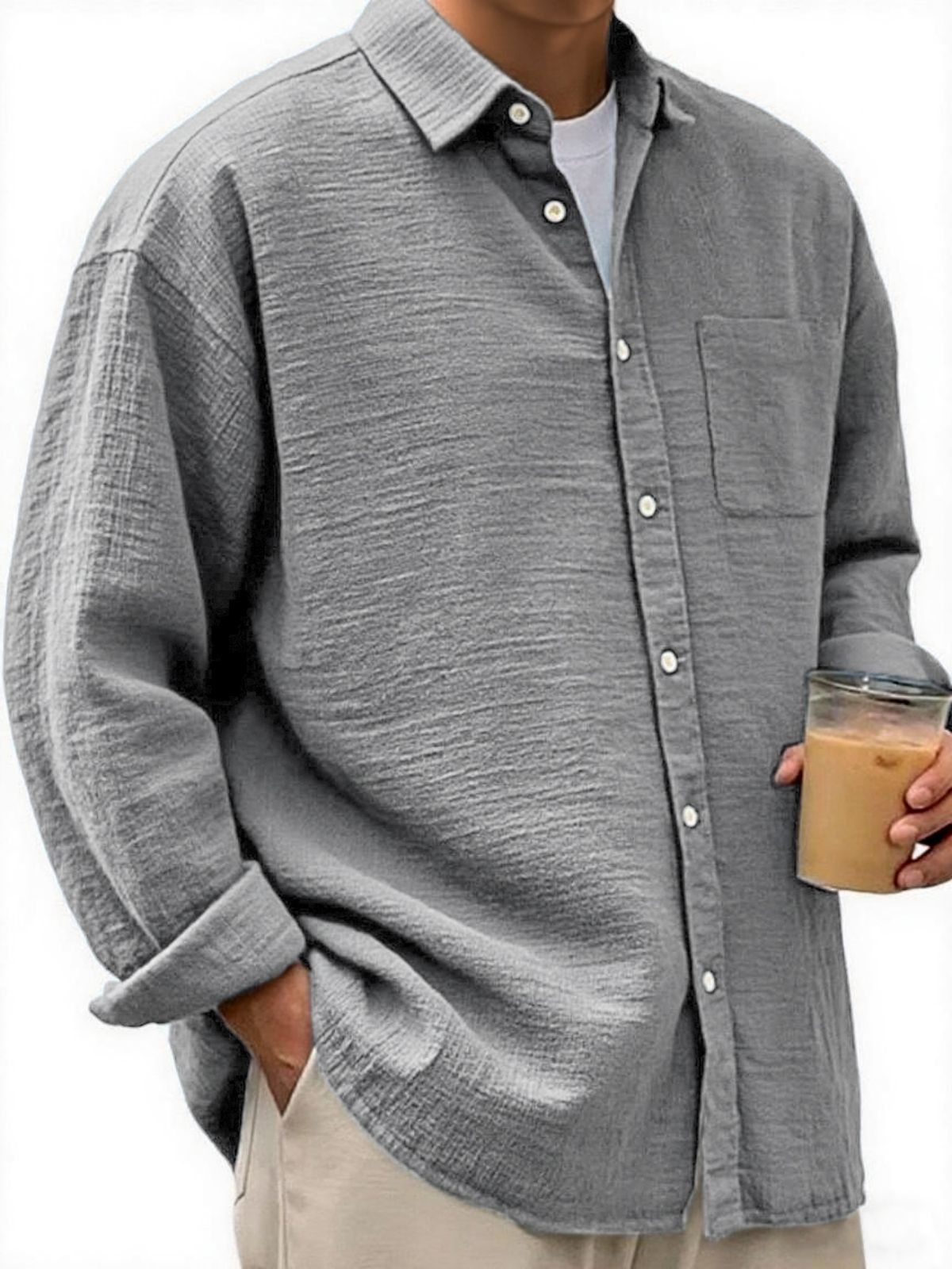 Men's Crinkled Linen Urban Casual Daily Long-sleeve Shirt with Chest Pocket