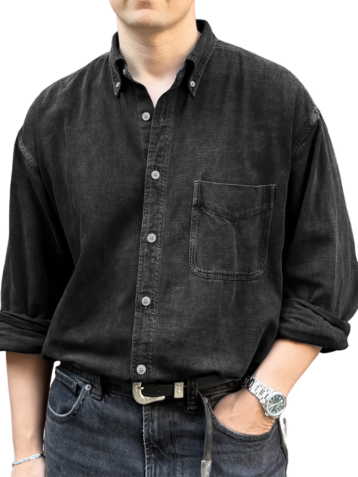 Men's Retro Fashion Distressed Pocket Long-Sleeve Shirt