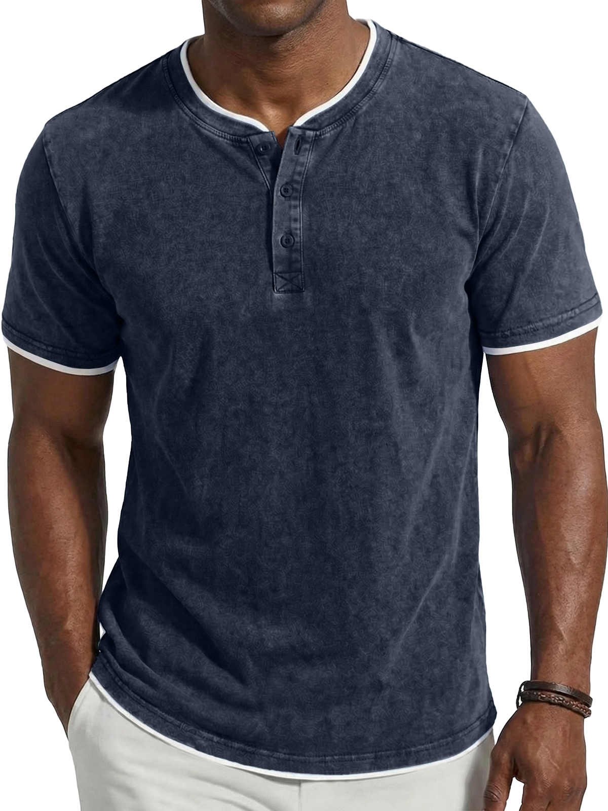 Men's Vintage Washed & Distressed Faux Layered Henley Short-Sleeve Top