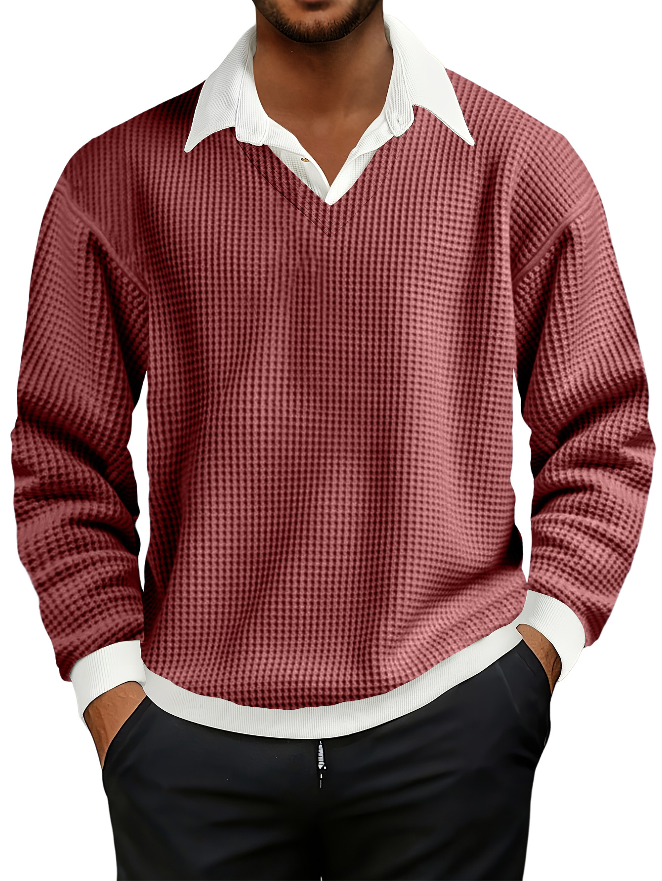 Men's Fashionable Casual Waffle Faux Two-piece Polo Sweatshirt