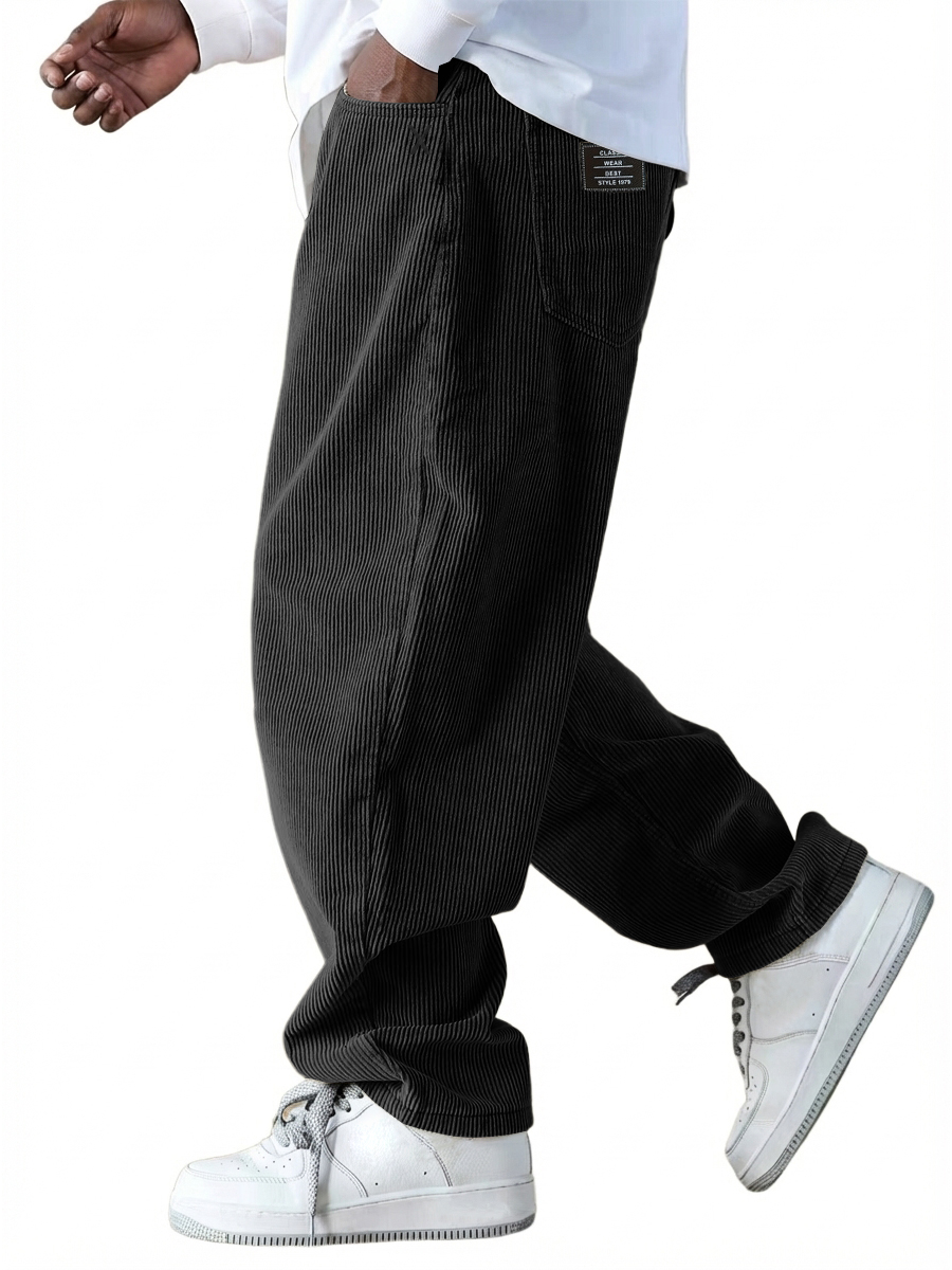 Men's Casual Retro Multi-Pocket Workwear Embroidered Logo Corduroy Pants