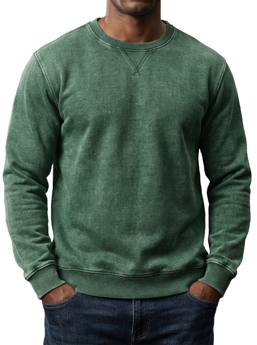 Men's Washed and Distressed Cotton Retro Crew Neck Long-Sleeve Sweatshirt