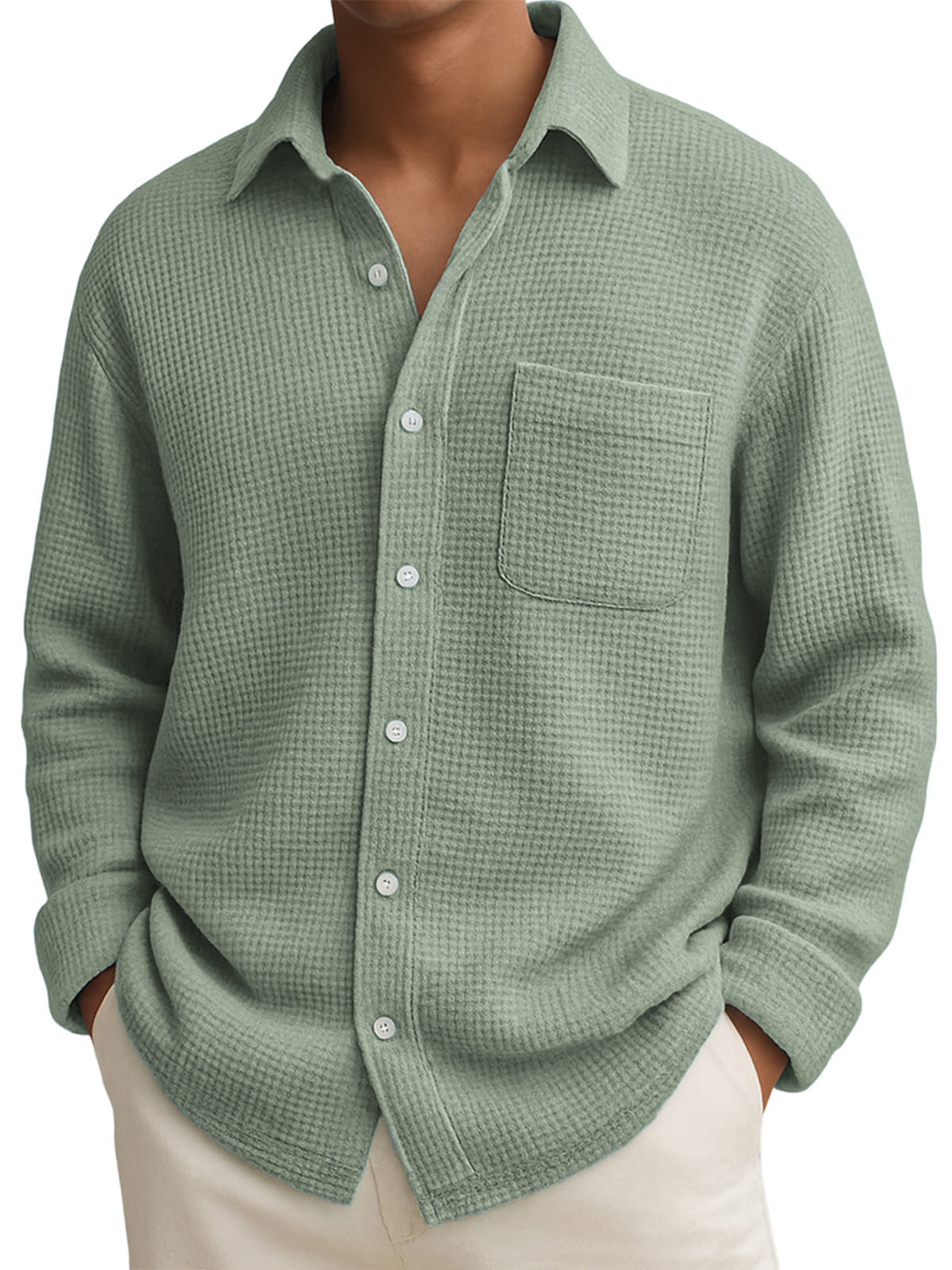 Men's Comfort Waffle Lapel Long Sleeve Shirt with Chest Pocket