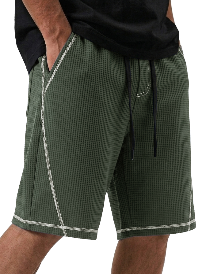Men's Loose Casual Waffle Deconstructed Multi-Pocket Shorts with Contrast Stitching