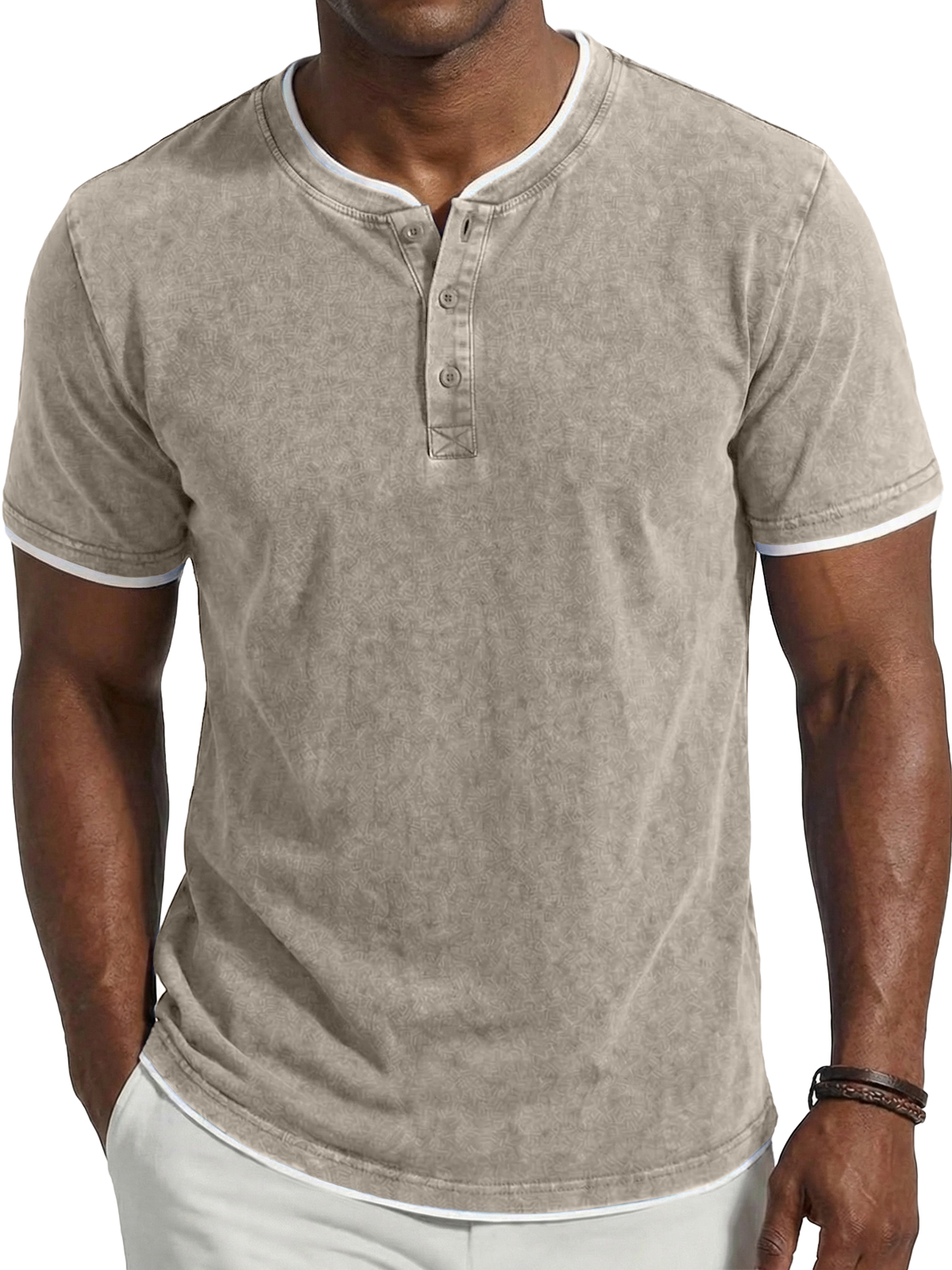 Men's Vintage Washed & Distressed Faux Layered Henley Short-Sleeve Top