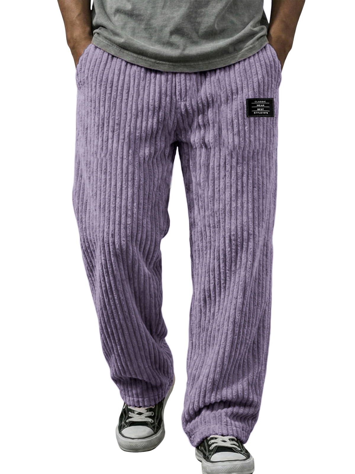 Stylish Vertical Striped Corduroy Trousers with Embroidered Label