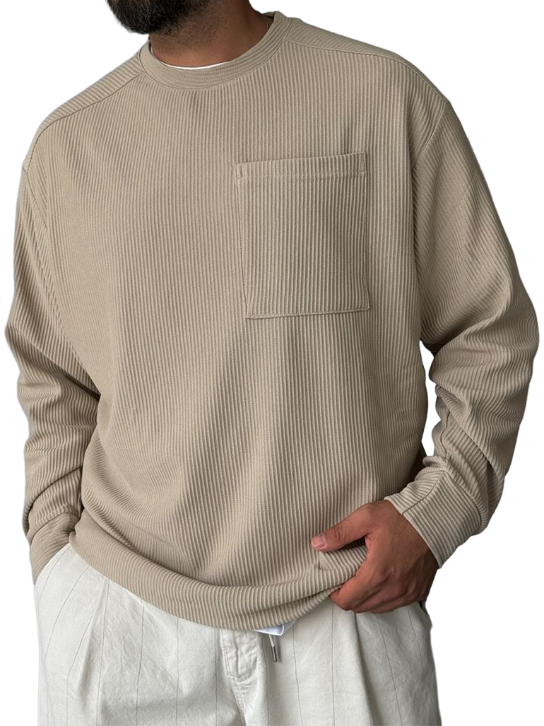 Men's Striped Jacquard Crew Neck Pocket Casual Comfortable Long-sleeved T-shirt