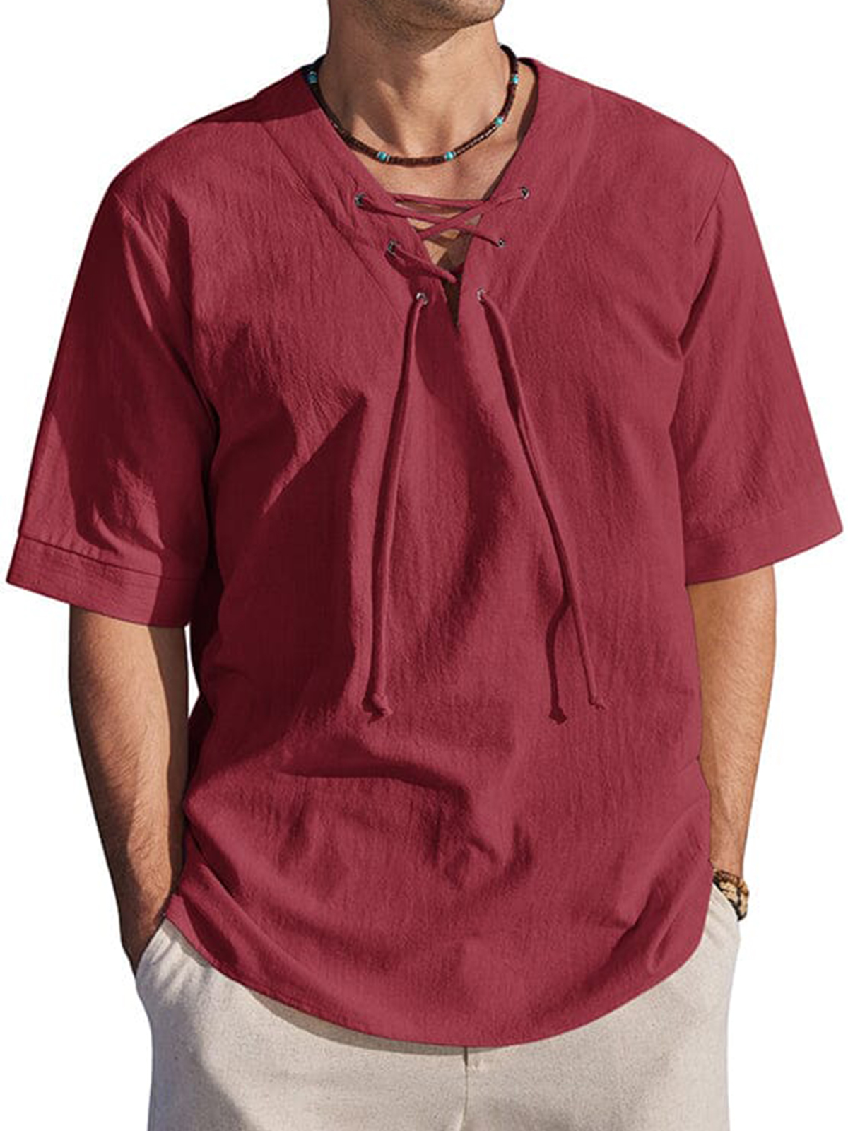 Men's Holiday Tie-Drape Hollow Neck Linen Casual Short Sleeve T-Shirt