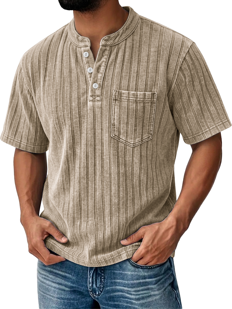 Men's Textured Striped Short-Sleeve Henley – Breathable & Comfortable