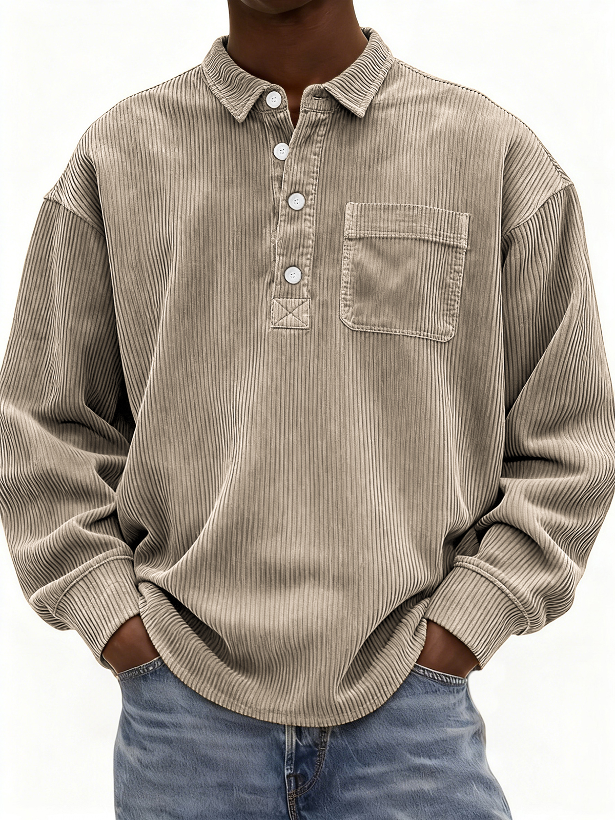Men's Simple Corduroy Ribbed Button-down Pullover Polo Shirt with Chest Pocket