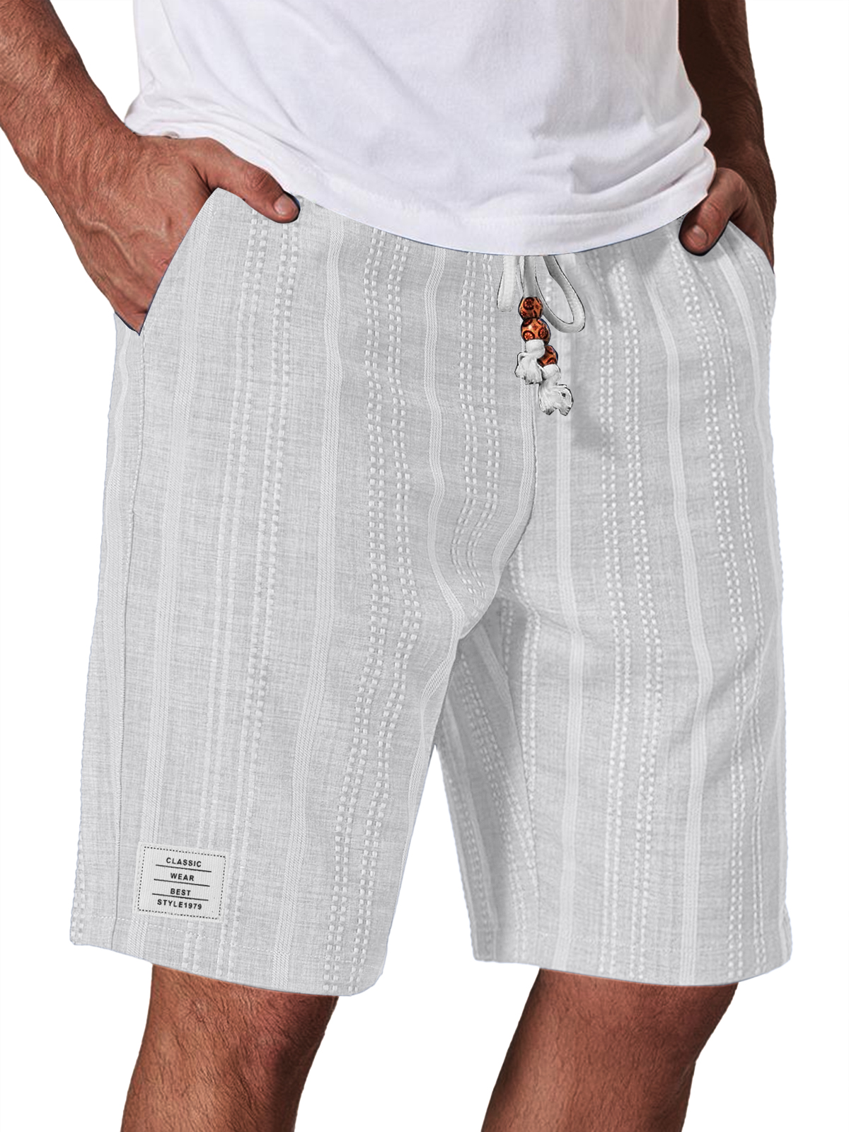 Men's Casual Linen Jacquard Striped Textured Elastic Waist Shorts